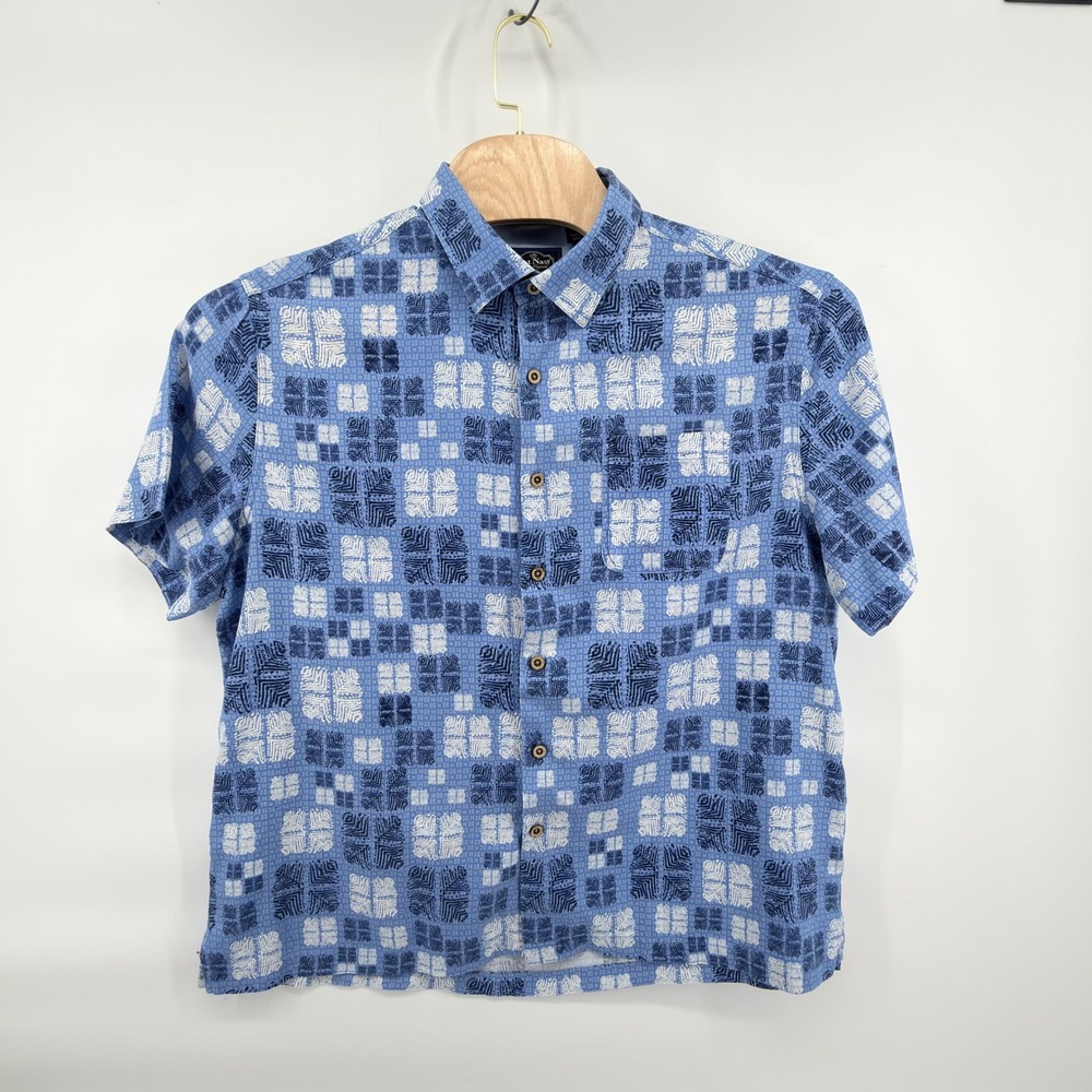 Nat Nast Button Front Shirt Mens XL Blue White Silk Blend Geometric Short Sleeve